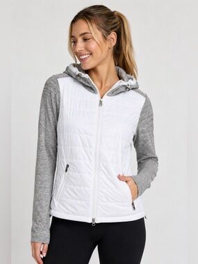 Athleta Hybrid Quilted Jacket XS Gray White Hooded Zip Athleisure